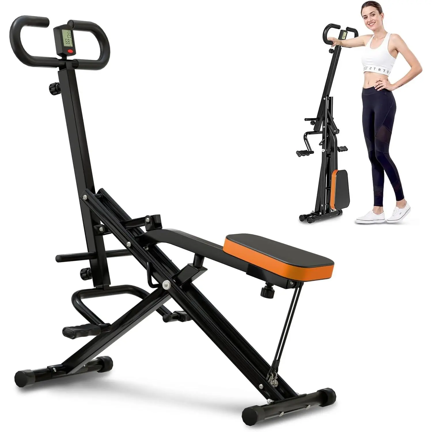 Squat Machine, Ab Workout Equipment, 220lbs Loading Capacity Rowing Machines for Home Foldable with Adjustable Resistance Bands and Display, Exercise Trainer for Botty Butt Thighs, Led Monitor, Anti Slip Foot Pedal