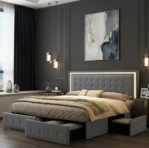 GEGOFORU Full LED Storage Bed Frame with 4 Drawers, RGBW Smart Lights, Adjustable Tufted Upholstered Headboard, Noise Free Platform Bed, No Box Spring Needed, Gray Velvet