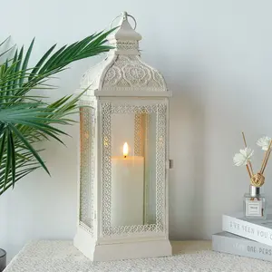 Rustic Metal Decorative Candle Lantern Hanging  Candle Holder with Tempered Glass(White) Centerpiece Christmas Wedding Ornaments Electronic