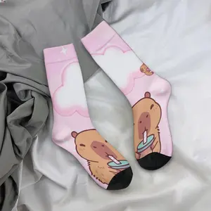 Cartoon capybara drinking milk tea on a pink background; mid-calf socks in a casual sporty style - soft and comfortable.
