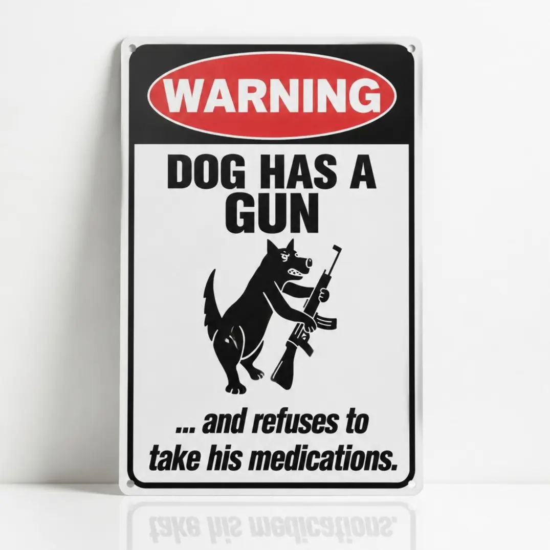 8x12 Inch Funny Dog With A Gun Vintage Metal Warning Sign, Whimsical Home Decor, Humorous Art, Wall Decor For Garage Man Cave Home Bar, Playful Vibe Gift For Pet Owners
