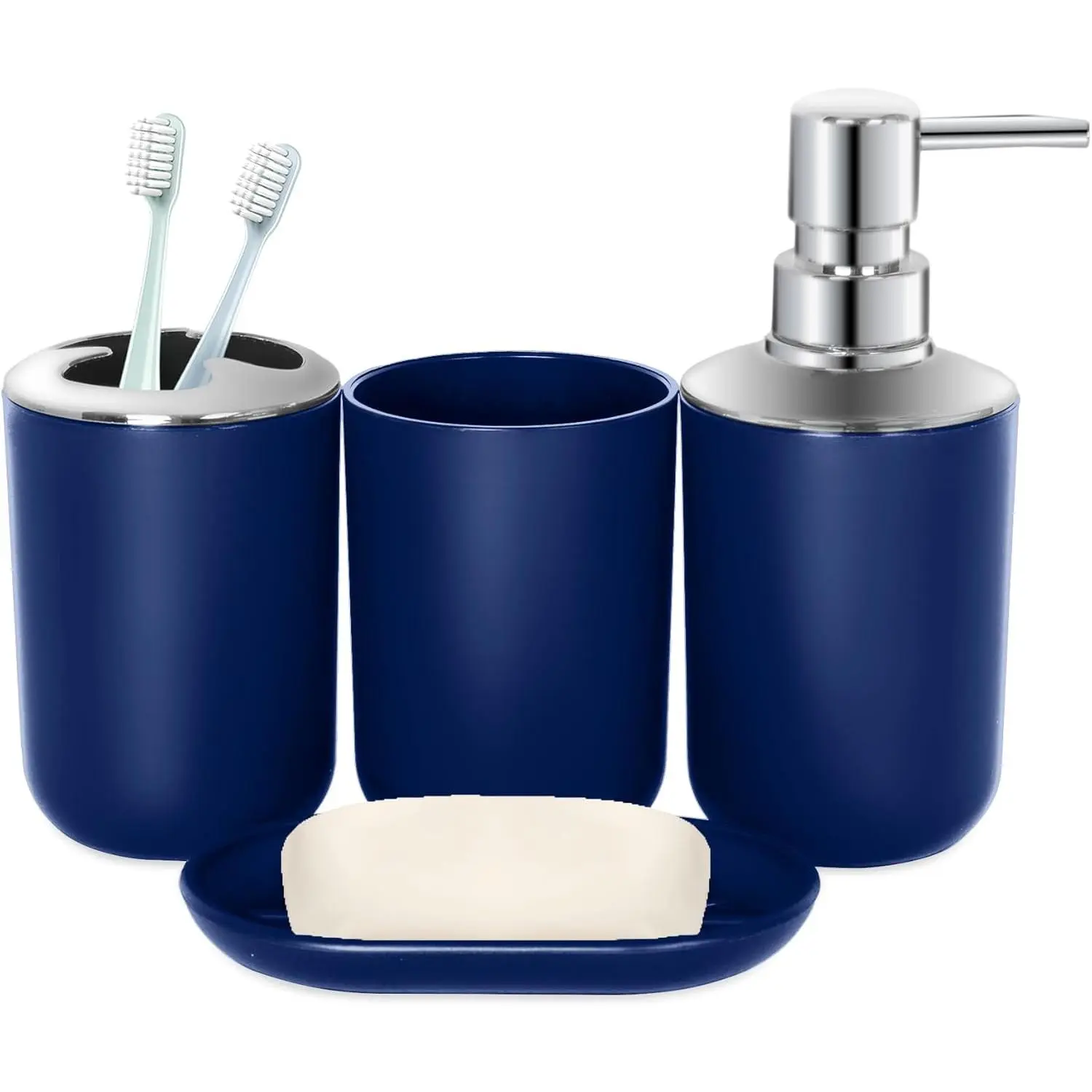 Blue Bathroom Accessories Set 4 PCS, Blue Bathroom Accessories, Plastic Soap Dispenser and Toothbrush Holder Set, Soap Dish and Mouthwash Cup, Boho Bathroom Decor, Bathroom Set