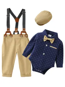 Baby Boy Suit 0-24M Gentleman Outfit Clothes Set Infant Long Sleeve Dress Shirt+Suspender Pants+Bowtie+Beret Hat Cute Gift Set