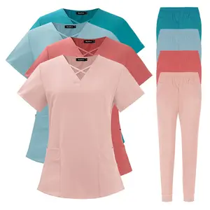 Women's 2-Piece Polyester-Spandex Scrubs Sets for Women, Short-Sleeved Elastic Quick-Dry Thin Summer Workwear Uniforms, Breathable Minimalist Basic Clothes for Medical Professionals