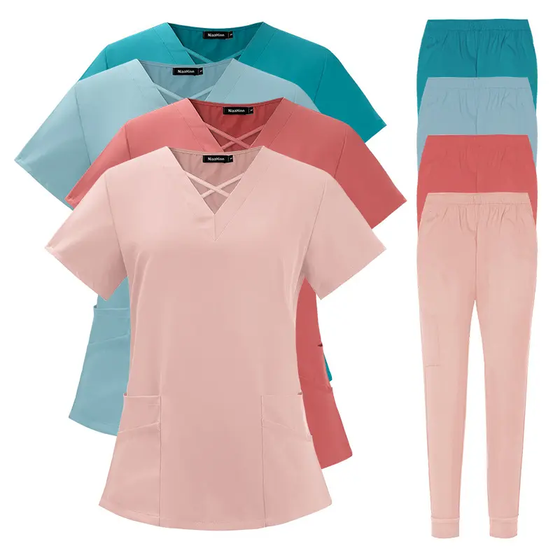 Women's 2-Piece Polyester-Spandex Scrubs Sets - Casual Plain V-Neck Short-Sleeved, Breathable Thin Quick-Dry Elastic Plus Size Summer Workwear Uniforms for Medical Professionals, Hand Wash Only