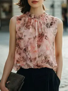 Elegant Floral Print Sleeveless Shirt for Women, Ruffled Stand Collar Slim Fit Blouse, Versatile High-End Office Top for Spring Summer