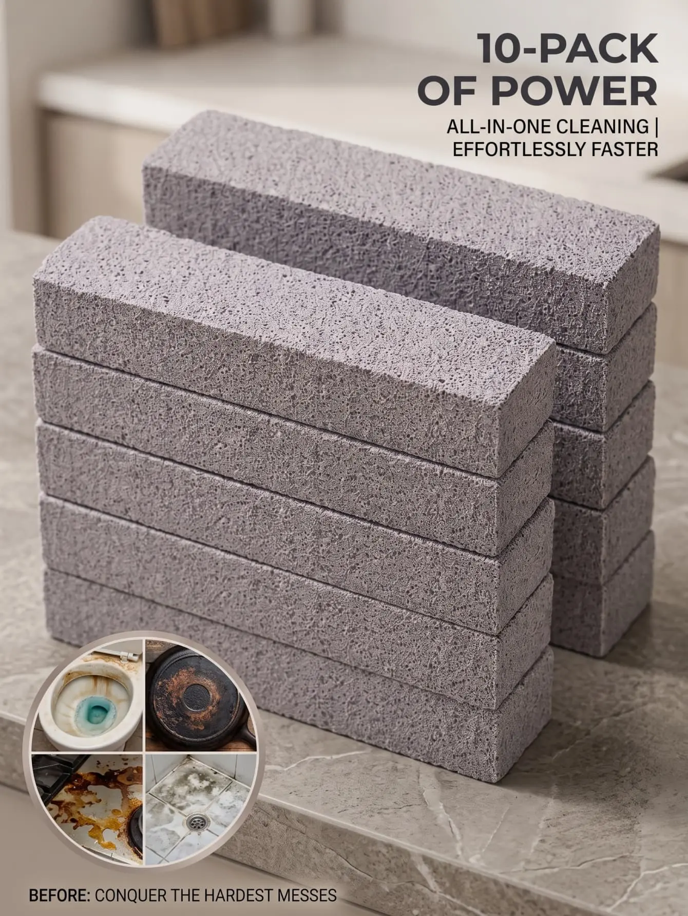 10-Pack | Natural Pumice Cleaning Stone | Heavy Duty Stain Remover for Toilet & Oven | Chemical-Free Scrubbing for Smart Home Kitchen & Bathroom