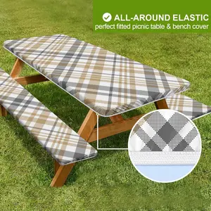 3pcs Tartan Plaid Outdoor Tablecloth, Multiple Specifications Available, Classic Checkered Pattern with White & Brown-Gray-Yellow Accents, Rectangular Table Cover for 4ft/6ft/8ft Camping & Picnic Tables, No Furniture Included