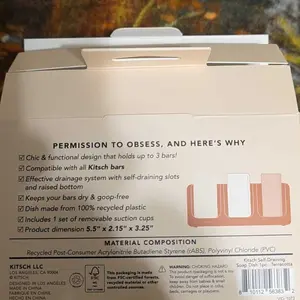 Kitsch Self-Draining Soap Dish – Recycled Plastic Holder for Shampoo, Conditioner, and Body Wash Bars, Holds 3 Bars with Removable Suction Cups