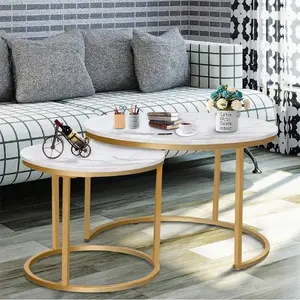 Coffee Table Nesting White Set of 2 Side Set Golden Frame Circular and Marble Pattern Wooden Tables, Living Room Bedroom Apartment Modern Industrial Simple Nightstand