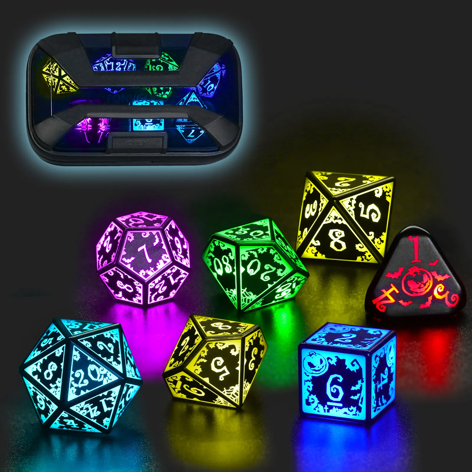 FONVGOGO Rechargeable RGB Polyhedral Dice Set with Charging Case, 7-Color Light-Up Dice for Dungeons and Dragons, Tabletop Role Playing Game Gifts for Ages 10+