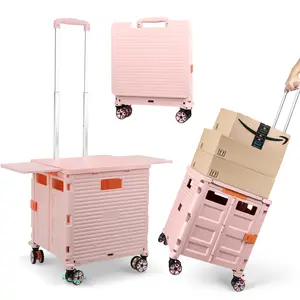 SELORSS BY10 Folding Utility Cart, Portable Rolling Crate Handcart with Magnetic Sliding Lid Telescoping Handle Heavy Duty Plastic Box Dolly 360°Swivel Wheels for Travel Shopping Move Office Teacher Use (Pink Pro) tiffany box shelf rotate wheel