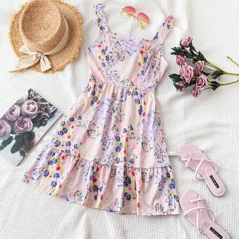 Women's Summer Floral Print Back Bow Tie Strap Dress, Sleeveless Boho Style, Bohemian, Fitted Short Dress, Elegant Vacation Wear, Multicolor, Boho Fashion Sundress, Bohemian Summer Dresses