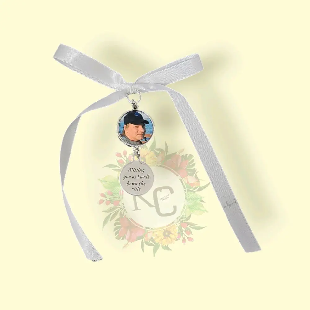 Bouquet Charms Choose 1-2-3-4 Photos with White Ribbon to Tie Comes with Removable Charm and "Missing you as I walk down the aisle" Message
