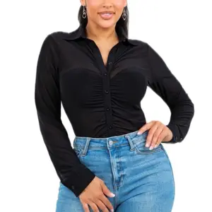 Kariana Top - Sheer Collared Button Down Shirts - Solid Color - Ruched & Collared & Button Down Shirts 95% Polyester 5% Spandex