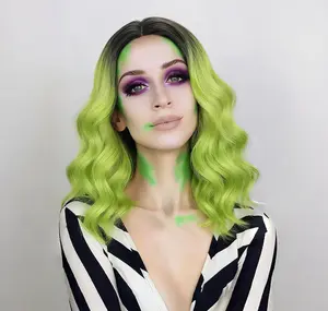 Ombre Green Wig with Dark Roots, Short Curly Wavy Heat-Resistant Synthetic Hair for Women, Middle Part for Everyday Hairstyle, Cosplay & Halloween, 10X10x6cm