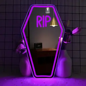 Coffin RIP Neon Mirror Sign Gothic Room Decor for Halloween Party Essential Gothic Lover Gift Spooky Bar Costume Party