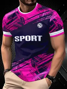 Men's Quick-Dry Sports T-Shirt, Print Gym Short Sleeve, Breathable Round Neck Casual Top, Fitted H-Type, No Collar