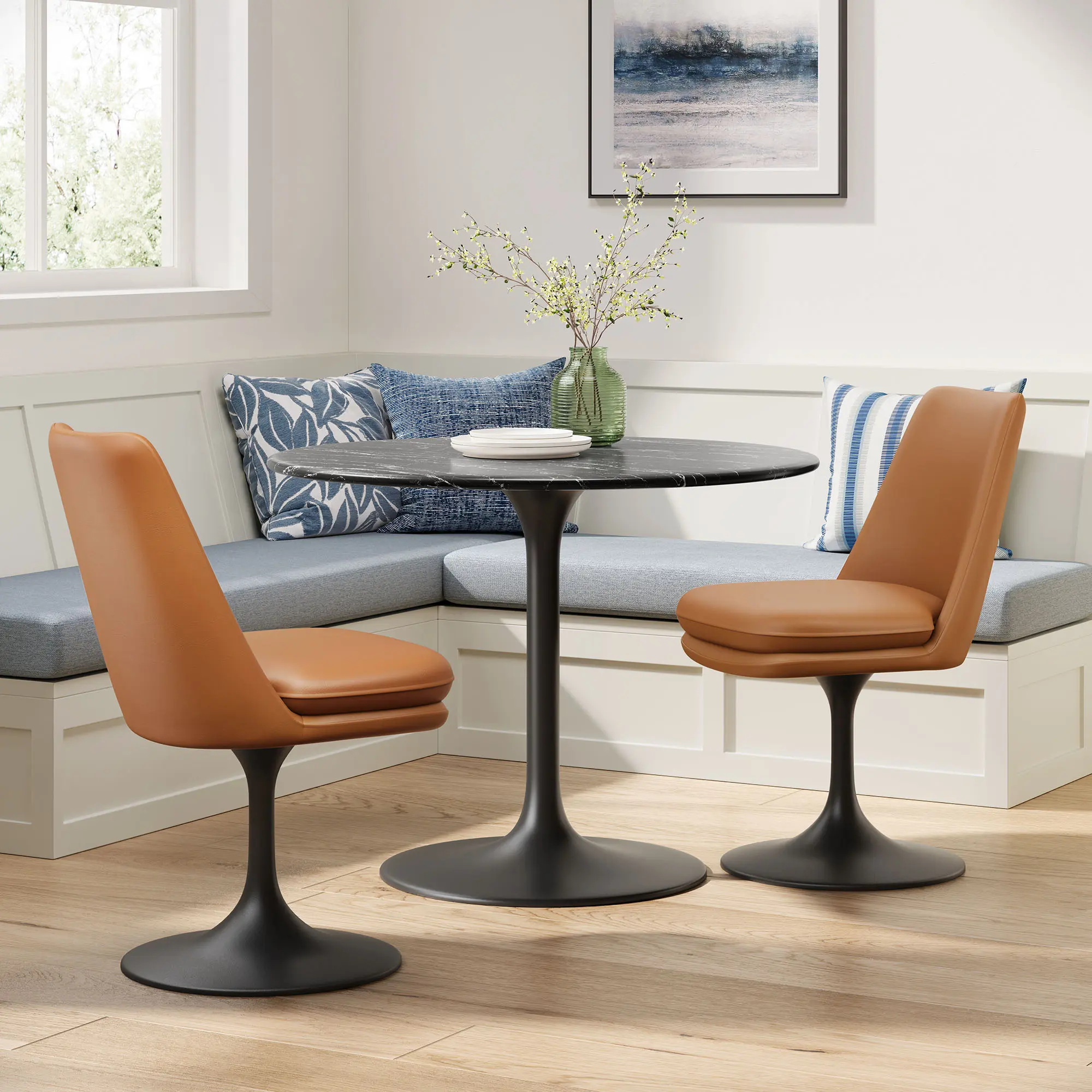 Lippa Vegan Leather Armless Swivel Dining Chair - Black-Tan, Single Person Modern Indoor Furniture, Dining Chairs with Weight Capacity