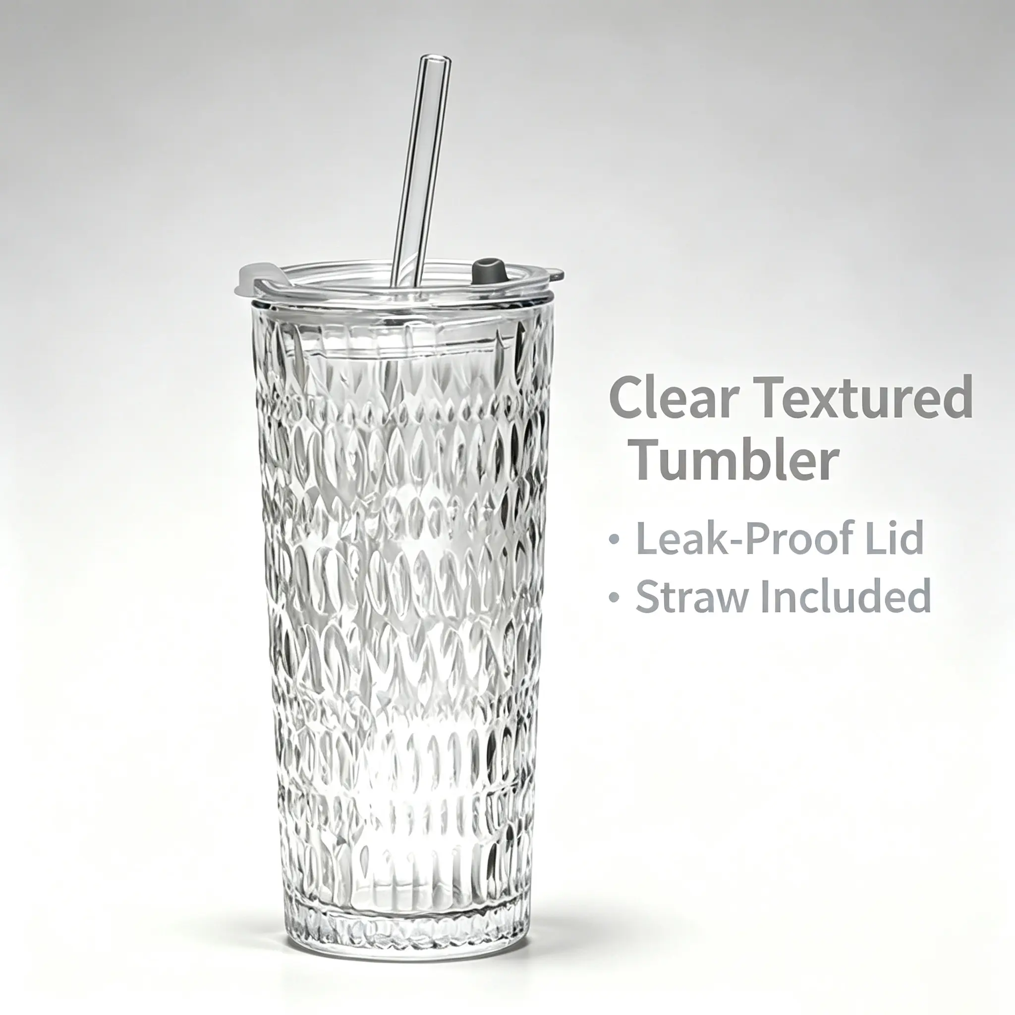 Textured Clear Glass Tumbler Cup, Reusable Drinking Glass with Leak-Proof Lid & Glass Straw, Iced Coffee Water Cup for Home Office， Leakproof Reusable Borosilicate Glass Cup for Iced Tea, Smoothie, Juice, Daily Drinks