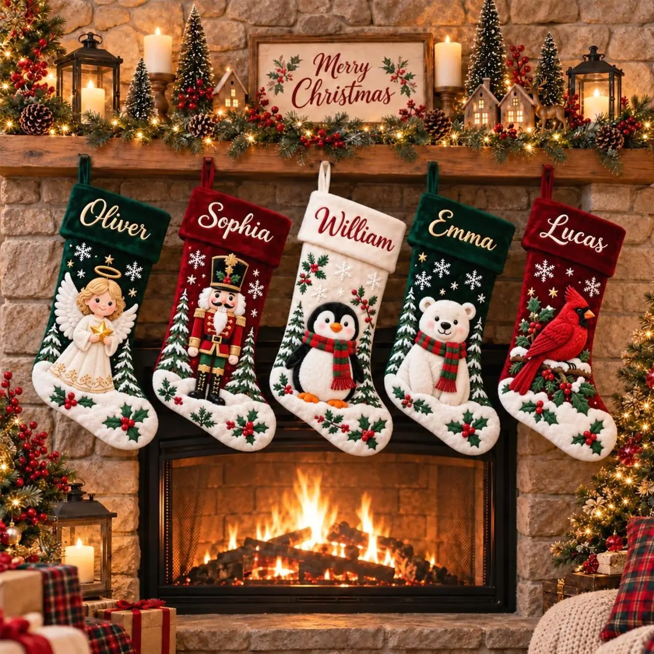 Personalized Christmas Stocking with Name, Vintage Holiday Stocking, Family Fireplace Mantel Decor, Custom Xmas Stocking Gift