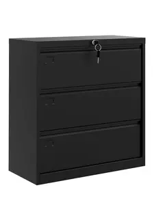 3-Drawer Lateral File Cabinet with Lock System, Heavy-Duty Steel Frame Office Storage, Lateral Layout for Letter/Legal/A4 Sizes, Smooth-Gliding Drawers, Black Home Office File Organizer