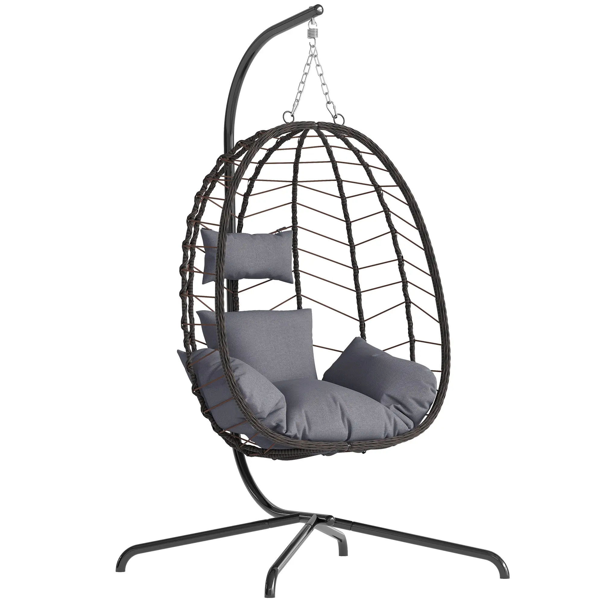 Single Egg Patio Swing Chair with Stand, Wicker Rattan Patio Hanging Basket w/ Cushion, Pillow & Cup Holder, Indoor/Outdoor Foldable Egg Chair for Garden, Balcony, Porch​​,Summervibes
