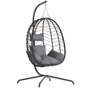 Single Egg Patio Swing Chair with Stand, Wicker Rattan Patio Hanging Basket w/ Cushion, Pillow & Cup Holder, Indoor/Outdoor Foldable Egg Chair for Garden, Balcony, Porch​​
