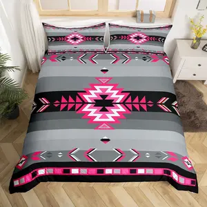 Southwest Native American Duvet Cover,Queen Size Southwestern Geometric Decor Quilt Cover,Tribal Rose Pink Grey Black Bedspread Cover,NO Comforter