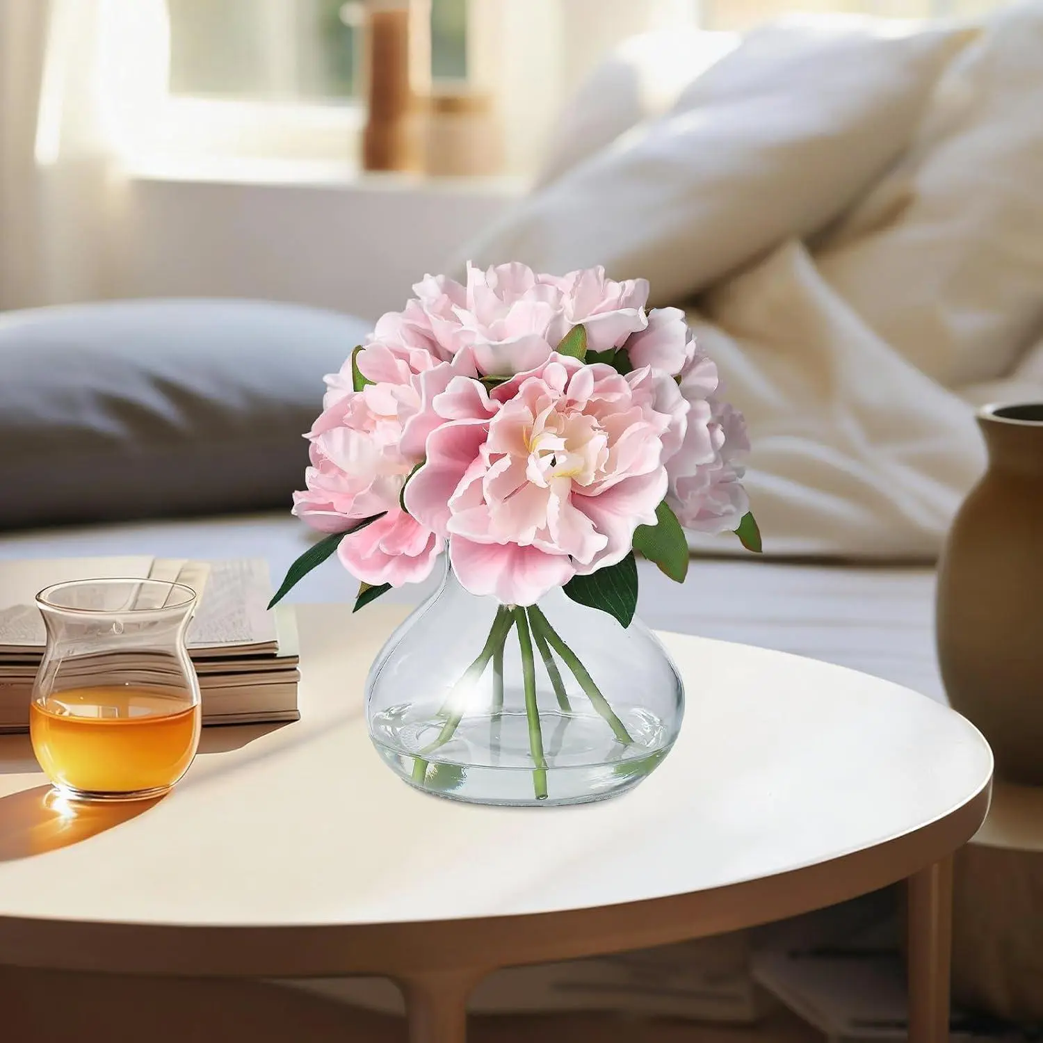 Garvee Realistic Silk Peony Artificial Silk Flowers Arrangement with Glass Vase - Faux Water, UV Resistant Pink Floral Decor, Low-Maintenance Room Decor Table Centerpiece for Home or Wedding