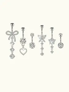 Women's Stainless Steel Belly Ring Set, Shiny Cz Butterfly Heart Pendant Design, Perfect Birthday Gift for All Seasons, Belly Button Jewelry, Navel Piercing Jewelry