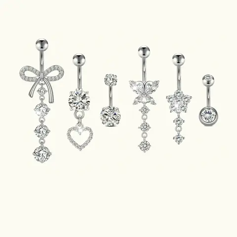 Women's Stainless Steel Belly Ring Set, Shiny Cz Butterfly Heart Pendant Design, Perfect Birthday Gift for All Seasons, Belly Button Jewelry, Body Piercing Jewelry, Navel Piercing Jewelry, Body Jewellery