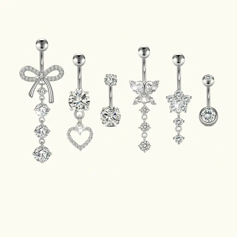 Women's Stainless Steel Belly Ring Set, Shiny Cz Butterfly Heart Pendant Design, Perfect Birthday Gift for All Seasons, Belly Button Jewelry, Body Piercing Jewelry, Navel Piercing Jewelry, Body Jewellery