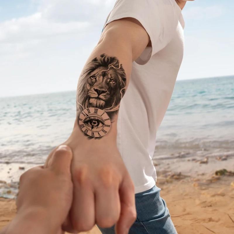 72 Sheets 3D Black Tribal Realistic Lion Temporary Tattoos for Men Women Adults, Bulk Tiger Wolf Warrior Gladiator Temp Skull Skeleton Halloween Fake Half Arm Sleeve Tattoos Stickers Legs Kit Costume Party Home Decor American Pride Day  scene accessories