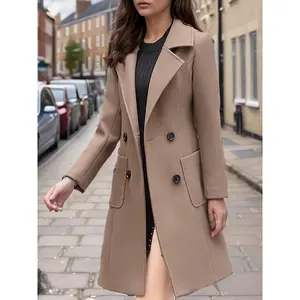 Women's Fashion Solid Color Open-Front Jacket-Turn-down Collar, Double Breasted, Long Sleeve-Perfect for Winter and Autumn Fashion Cotton Fabric Womenswear Coats