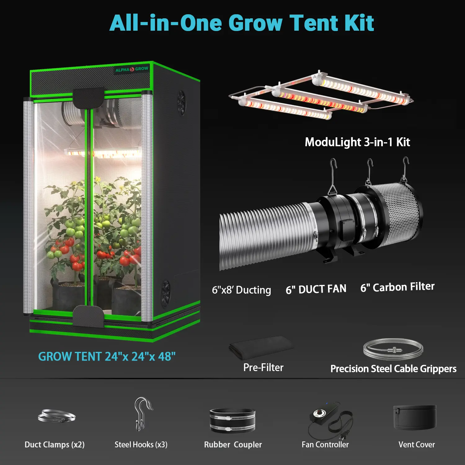 2x2 1800D Tent+6'' Complet Kit