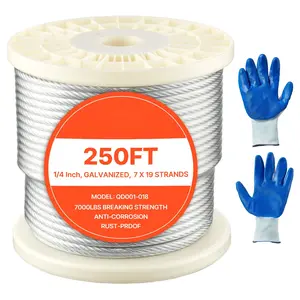 1/4 Inch Wire Rope 250 Ft Length, Zinc-Galvanized Carbon Steel Cable With Gloves, 7000 Lbs Breaking Strength, 7 x 19 Strands Construction, Wire Cable For Deck Railing System And Garden Trellis