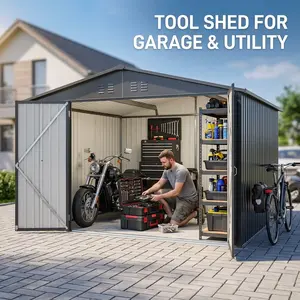 Outdoor Storage Shed 10x8 Metal Shed with Lockable Doors All Weather Tool Shed for Garden Patio Backyard Lawn Black Storage House for Backyard Organization Home Improvement Storage Ideas Waterproof Heavy Duty Metal Building Kit