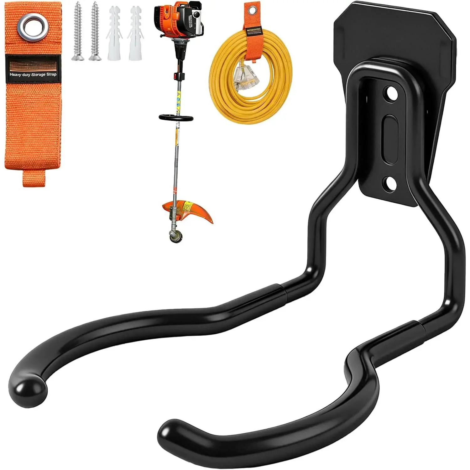 Heavy Duty Garden Power Tool Hanger, Garage Storage Utility Hooks with Storage Straps, Electric Tool Hooks, String Trimmer Hangers, Garden Tool Organizer, Weedeater Rack (1, Black)
