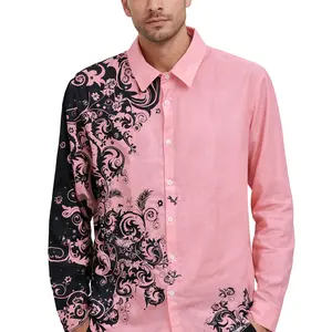 Men's Casual Slim-Fit Long-Sleeve Button-Down Shirt - Luxury Pink & Black Floral Print, Renaissance Classic Stylish Cotton Fashion Top, Soft Breathable Longsleeves Streetwear Menswear