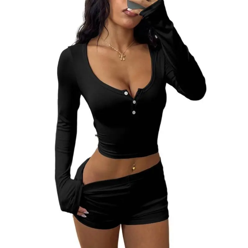 Women's Western Chic 2-Piece Activewear Set - Long Sleeve Button-Up Shirt & Shorts, Summer 2026 Sports & Outdoor Fitness Workout Clothing, Long Sleeve Shirt