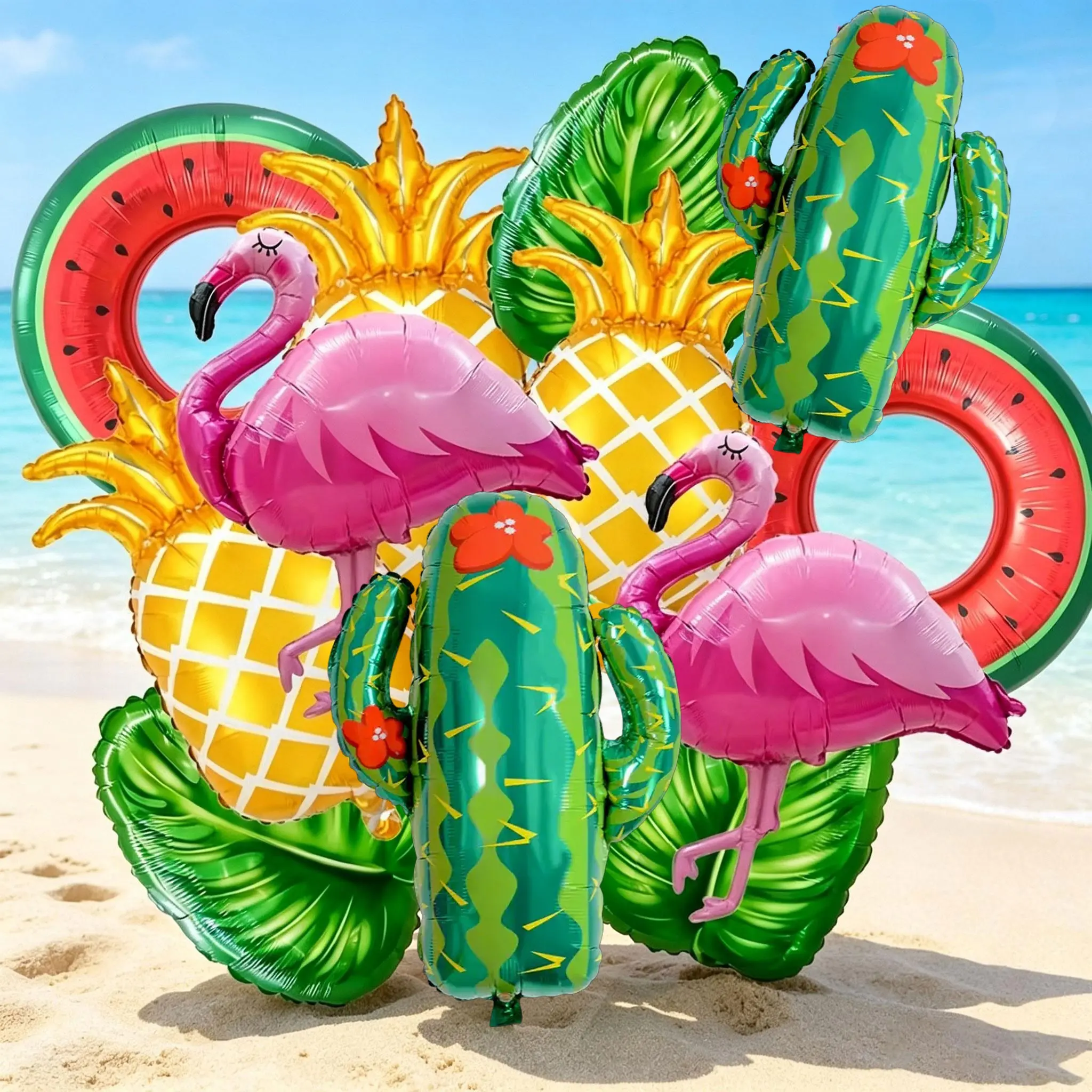 14-Piece Tropical Summer Aluminum Foil Balloon Set, Party Balloons, Balloon Decorations, Hawaiian Theme Decor for Pool Parties, Beach Events, Fruit Store Displays