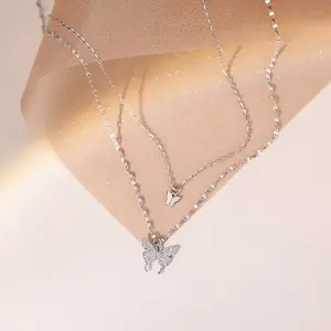Silver Layered Butterfly Pendant Necklace with Cubic Zirconia, Dainty Choker Necklaces Jewelry Gifts for Women & Teen Mom