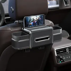 Car Seat Back Storage Box, Multifunctional Car Backseat Organizer with 2 Cup Holders and Hanging Hooks, Automotive Headrest Seat Back Organizer Tissue Box Fits Most Vehicles