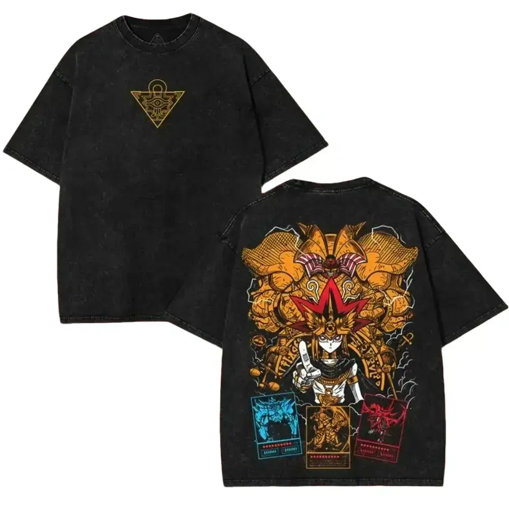 Vintage Washed Yu-Gi-Oh God Card Graphic Tee 2-Sided Oversized Anime Shirt Exodia Obelisk Ra Osiris Yugi Muto Merchandise Retro Manga Streetwear Men Women Plus Size S-5XL Trading Card Game Gamer Apparel Trendy Y2K Nostalgic Pop Culture Geek Gift Tops