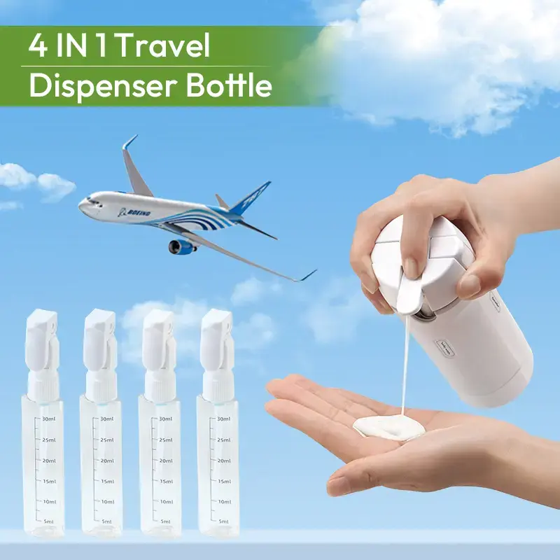 Summerwins 4-in-1 Lightweight Refillable Silicone Toiletry Dispenser Bottle - Leak-Proof Lock, Glossy Empty Container with Lid & Label, Compact Home Supply Storage Bottles & Jars for Luggage, Purses, Camping, 1-Hand Operation (Business Trips)
