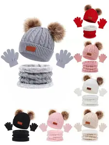 3pcs Autumn Winter Kids Solid Color Fleece Lined Hat Scarf Gloves Set, Multi-Functional Warm Anti-Cold, Outdoor Sports Skiing Use, Warm Beanie Hat