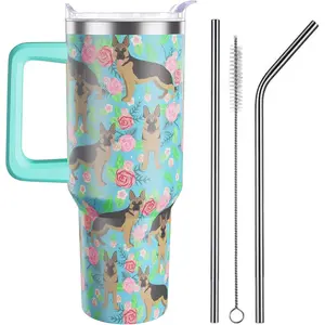 German Shepherd Gifts for Women Dog Lovers 40 oz Floral German Shepherd Tumblers with Handle and Straw, Stainless Steel Vacuum Insulated Travel Coffee Mug Cup Water Bottle