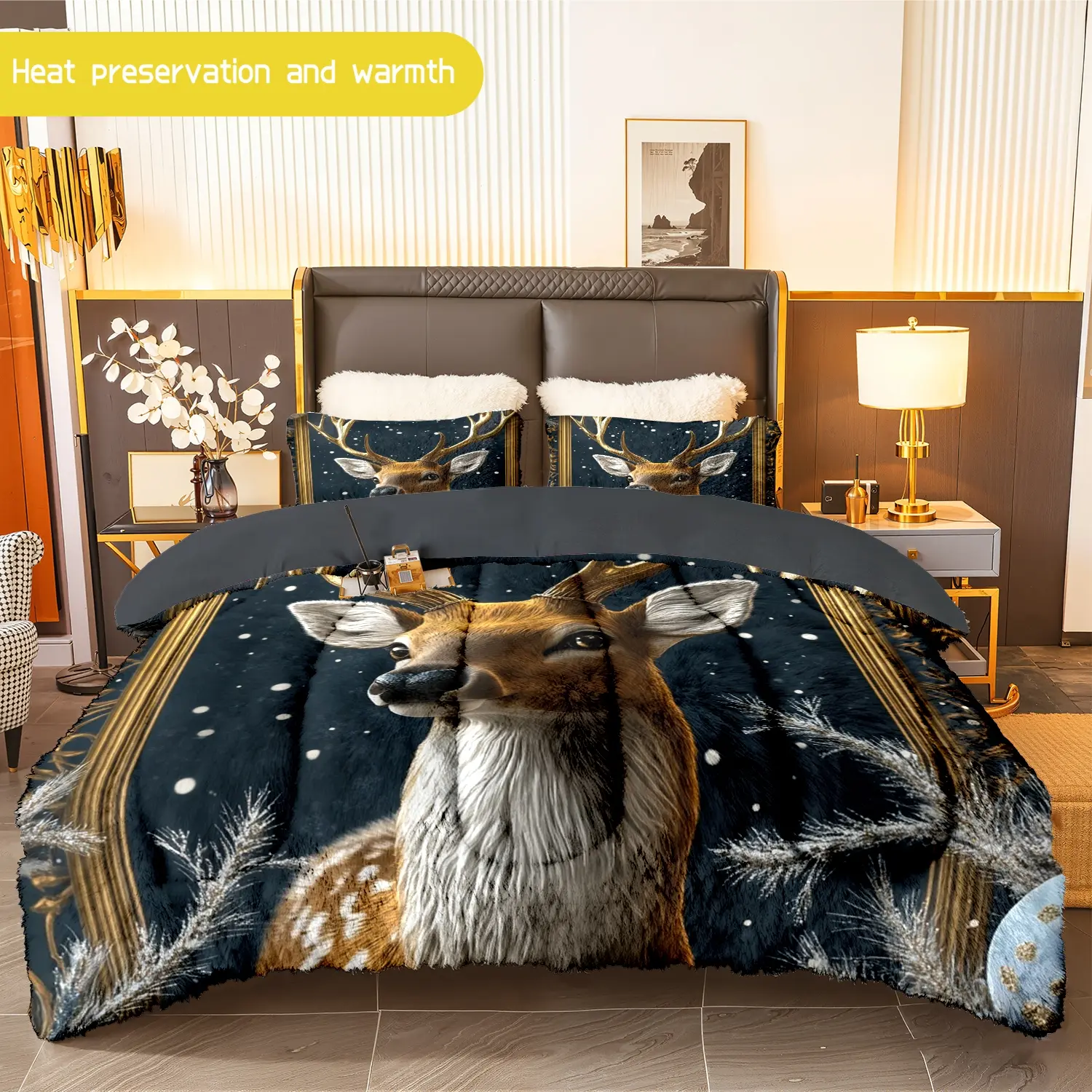 3pcs (1 comforter + 2 pillowcases) Reindeer - themed Flannel and Milk Velvet Comforter Set, Soft & Cozy Warm Bedding Set, Trendy Milk Velvet Bedding Essentials