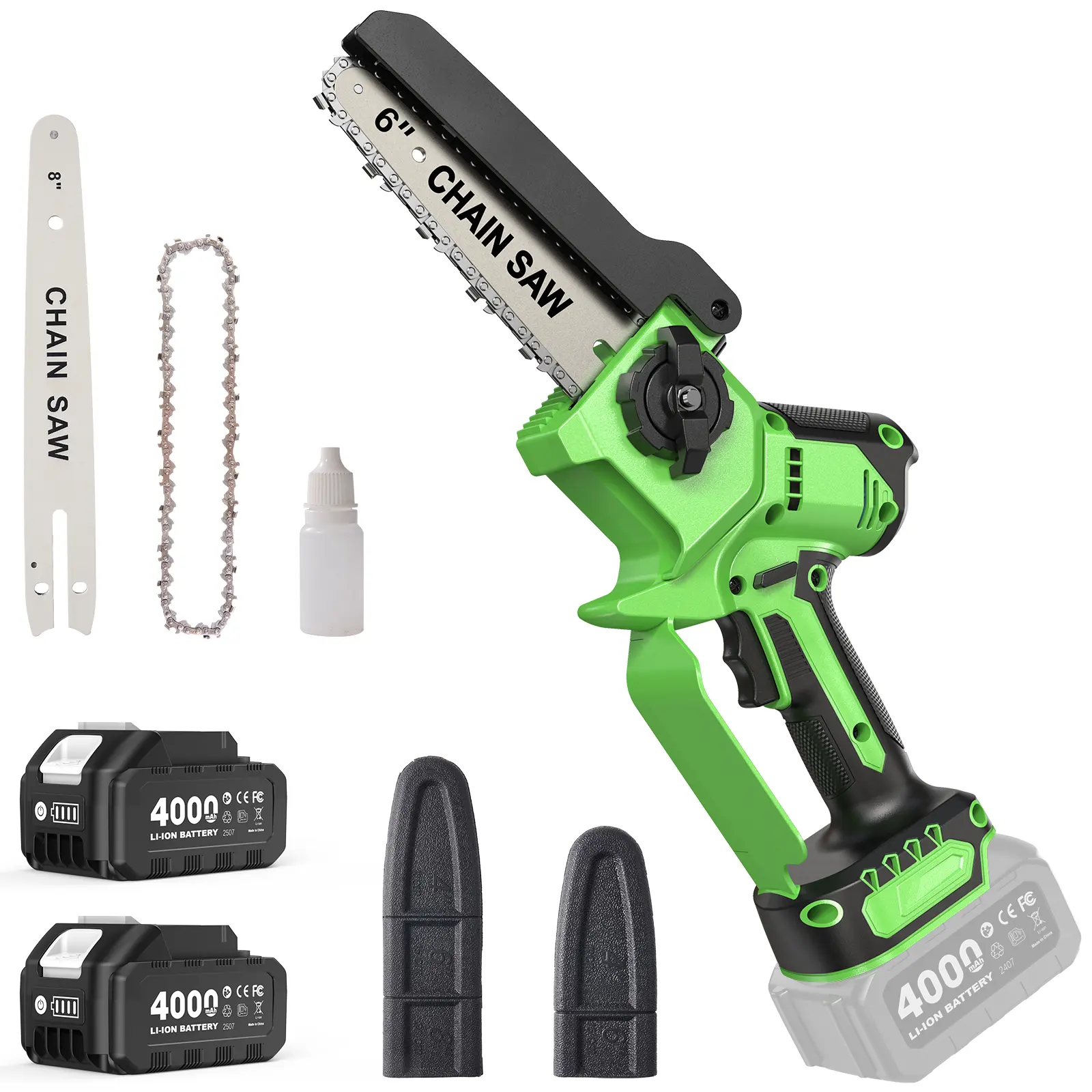 Taskstar 8-Inch Cordless Handheld Battery-Powered Mini Chainsaw - 1-Handed Grip Pruning Tool with 2x 4000mAh Batteries, 8&6-Inch Guide Plates, Automatic Oiler, Tool-Free Chain Tension, Plastic Body for Wood Cutting, Branch Trimming, Handheld Chainsaw
